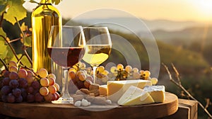 copy space, stockphoto, Grape wine in glass , Bunch of grapes on the table and cheese. Vineyard in the background.