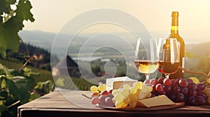 copy space, stockphoto, Grape wine in glass , Bunch of grapes on the table and cheese. Vineyard in the background