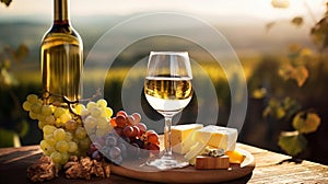 copy space, stockphoto, Grape wine in glass , Bunch of grapes on the table and cheese. Vineyard in the background.