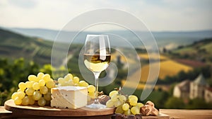 copy space, stockphoto, Grape wine in glass , Bunch of grapes on the table and cheese. Vineyard in the background.