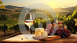 copy space, stockphoto, Grape wine in glass , Bunch of grapes on the table and cheese. Vineyard in the background.