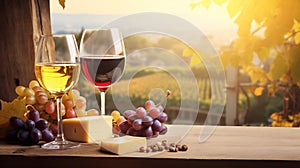 copy space, stockphoto, Grape wine in glass , Bunch of grapes on the table and cheese. Vineyard in the background.