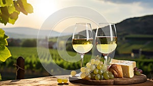 copy space, stockphoto, Grape wine in glass , Bunch of grapes on the table and cheese. Vineyard in the background.