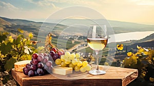 copy space, stockphoto, Grape wine in glass , Bunch of grapes on the table and cheese. Vineyard in the background.