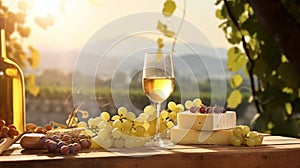 copy space, stockphoto, Grape wine in glass , Bunch of grapes on the table and cheese. Vineyard in the background.