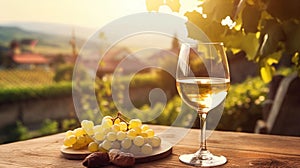 copy space, stockphoto, Grape wine in glass , Bunch of grapes on the table and cheese. Vineyard in the background.