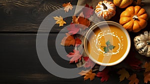 copy space, stockphoto, high quality photo, Pumpkin cream soup, top view. Beautiful autumn table setting.