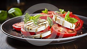 copy space, stockphoto for restaurant, Insalata Caprese. Typical traditional Italian dish. Insalata Caprese on a plate.