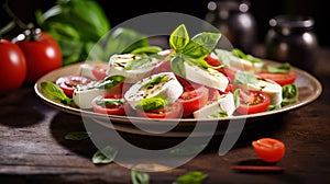 copy space, stockphoto for restaurant, Insalata Caprese. Typical traditional Italian dish. Insalata Caprese on a plate.