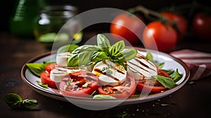 copy space, stockphoto for restaurant, Insalata Caprese. Typical traditional Italian dish. Insalata Caprese on a plate.