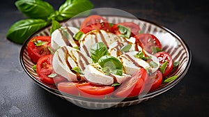 copy space, stockphoto for restaurant, Insalata Caprese. Typical traditional Italian dish. Insalata Caprese on a plate.