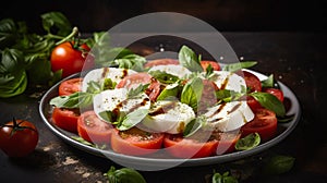 copy space, stockphoto for restaurant, Insalata Caprese. Typical traditional Italian dish. Insalata Caprese on a plate.