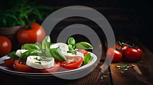 copy space, stockphoto for restaurant, Insalata Caprese. Typical traditional Italian dish. Insalata Caprese on a plate