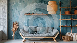 copy space, stockphoto, sofa and shelving unit against painted wall with poster in boho style. Farmhouse, boho style home interior