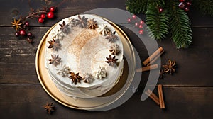 copy space, stockphoto, topview of a beautiful decorated Christmas cake. Christmas celebration, merry Christmas