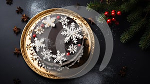 copy space, stockphoto, topview of a beautiful decorated Christmas cake. Christmas celebration, merry Christmas