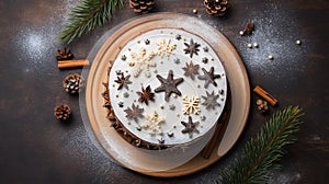 copy space, stockphoto, topview of a beautiful decorated Christmas cake. Christmas celebration, merry Christmas