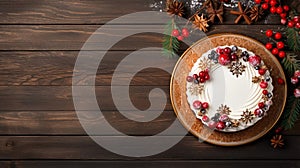 copy space, stockphoto, topview of a beautiful decorated Christmas cake. Christmas celebration, merry Christmas