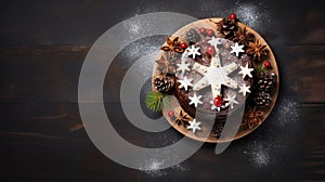 copy space, stockphoto, topview of a beautiful decorated Christmas cake. Christmas celebration, merry Christmas.