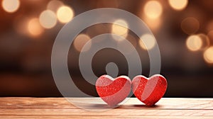 Copy space two red hearts on the wooden table with bokeh background