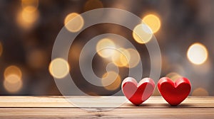 Copy space two red hearts on the wooden table with bokeh background