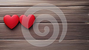 Copy space two red hearts on the wooden table with bokeh background, top view