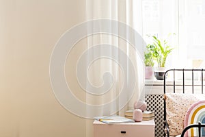 Copy space on white wall in girl`s bedroom