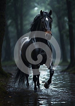 Rain-Kissed Majesty: Beautiful Dark Horse walking through waters in Enchanted Forest