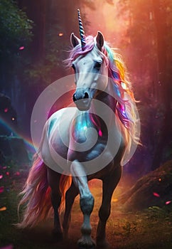 Portrait of Elegance: White Unicorn in Vibrant Rainbow Dreamscape photo