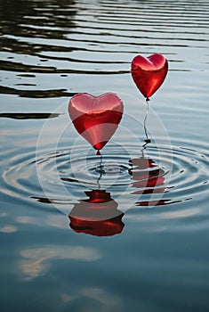 Love's Reflection: Red Heart Balloons Dancing on Rippling Water