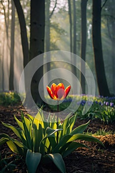 Single Blooming Tulip in Forest: Sun Rays Through Canopy