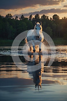 Tranquil white horse: Sunset Serenity in Placid Lake photo