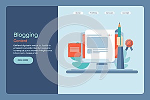 Copy writing, content creation, blogging, post for social media, creative article for website, flat design vector landing page.