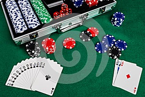 Copy writing space on a green felt gaming table surrounded by playing cards, dice, betting chips and a gaming case