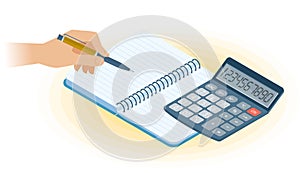 The copybook, hand with pen, math calculator. Flat isometric ill