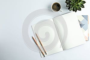 Copybooks, cup of coffee, pencils and succulent plant on white background