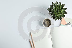 Copybooks, cup of coffee, pencils and succulent plant on white background