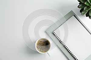 Copybooks, cup of coffee and succulent plant on white background