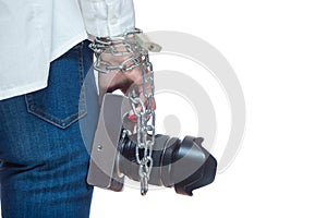 Copyright. The camera is chained to the photographer's hand. The concept of protecting the photographer from theft