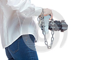 Copyright. The camera is chained to the photographer's hand. The concept of protecting the photographer from theft