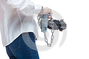 Copyright. The camera is chained to the photographer's hand. The concept of protecting the photographer from theft