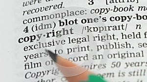 Copyright, definition on english vocabulary, legal rights protection, publishing