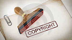 Copyright stamp standing on documents. 3D illustration