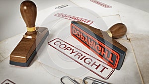 Copyright stamp standing on documents. 3D illustration