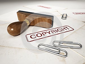 Copyright stamp standing on documents. 3D illustration