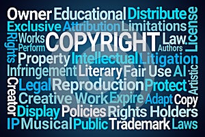 Copyright Word Cloud on Blue Background