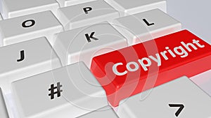 Copyright write on a red key of a computer keyboard - 3D rendering illustration