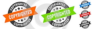 copyrighted stamp. copyrighted round ribbon sticker. tag