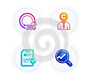 Copyrighter, Report checklist and 360 degrees icons set. Analytics sign. Vector photo