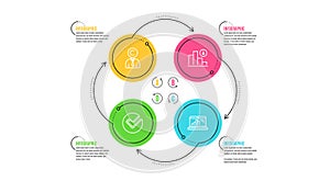 Copyrighter, Verify and Decreasing graph icons set. Graph laptop sign. Vector